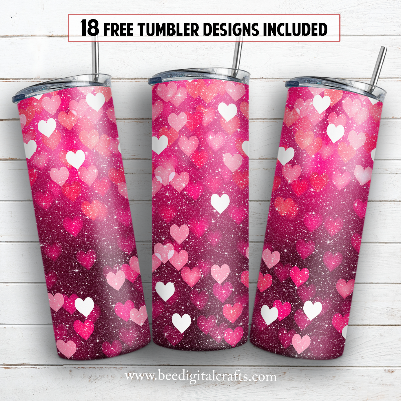 Glitter pink hearts 20 oz skinny tumbler sublimation design –  BeeDigitalCrafts
