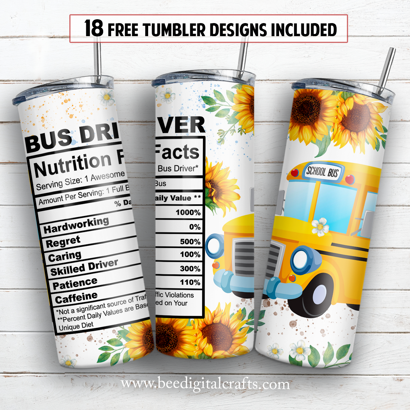 Bus driver Nutrition facts 20 oz skinny tumbler sublimation design