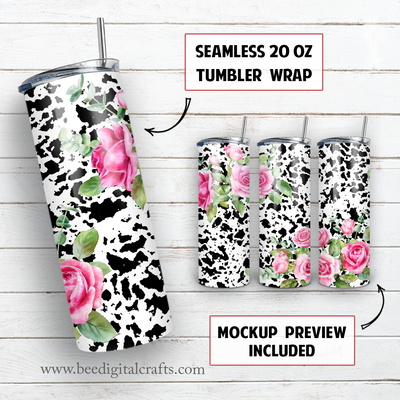 Cowhide and rose 20 oz skinny tumbler sublimation design