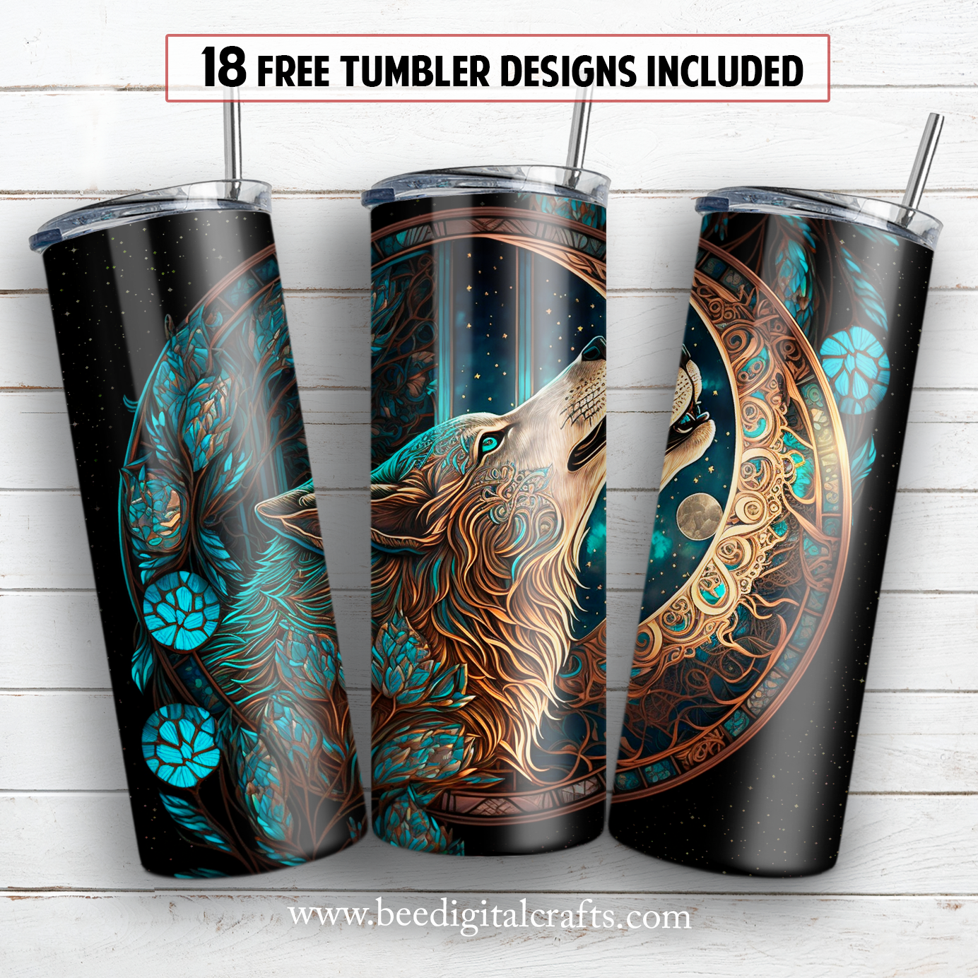 Stained glass wolf 20 oz skinny tumbler sublimation design