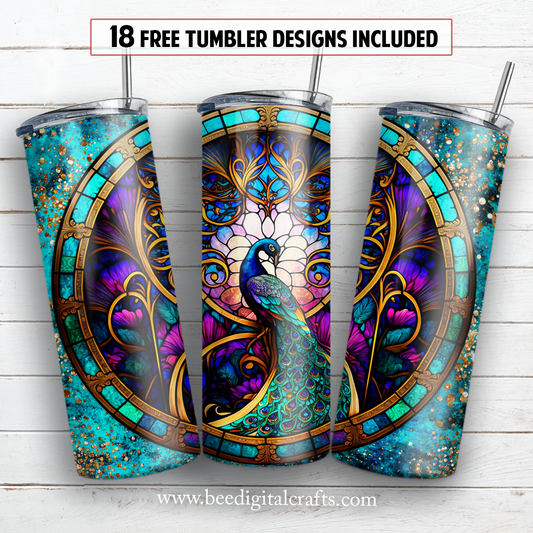 Stained glass peacock 20 oz skinny tumbler sublimation design