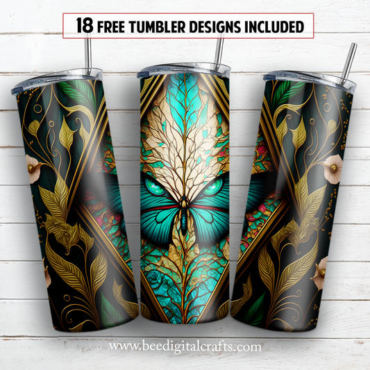 Stained glass butterfly 20 oz skinny tumbler sublimation design