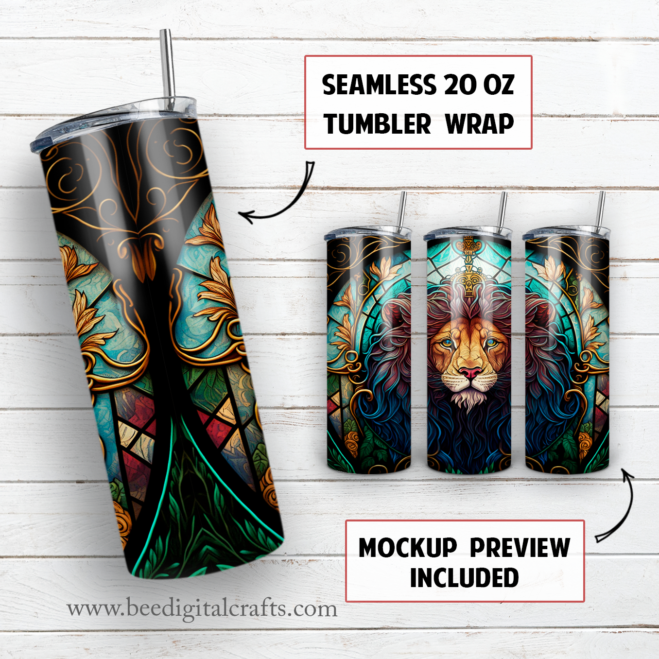 Stained glass lion 20 oz skinny tumbler sublimation design