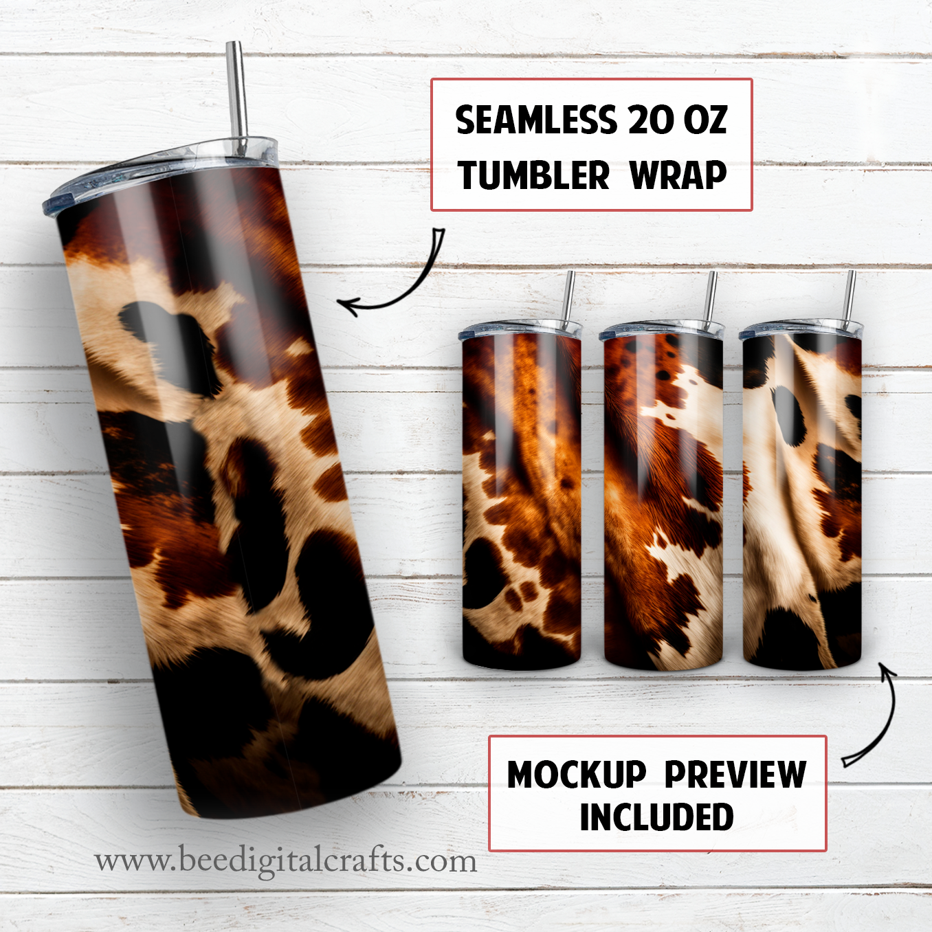 Cowhide 20 oz skinny tumbler sublimation design