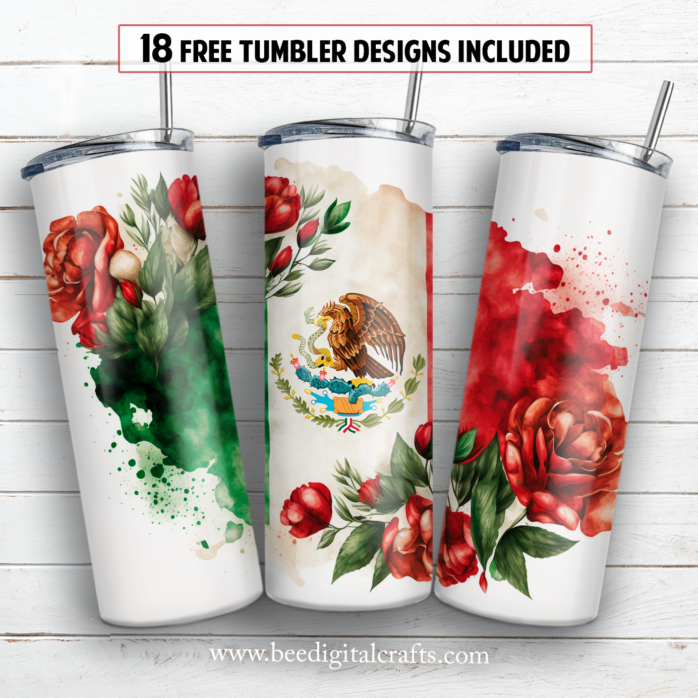 Mexican flag roses 20 oz skinny tumbler sublimation design