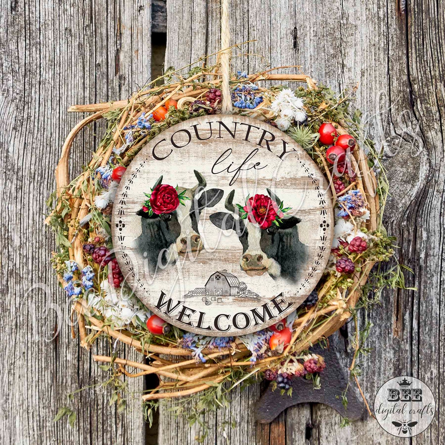 Welcome country life door hanger, Cow 12 inch digital download