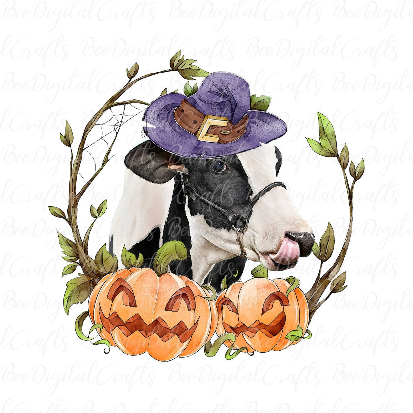 Halloween heifer with hat and pumpkin sublimation design