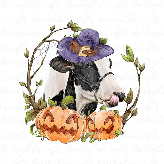 Halloween heifer with hat and pumpkin sublimation design