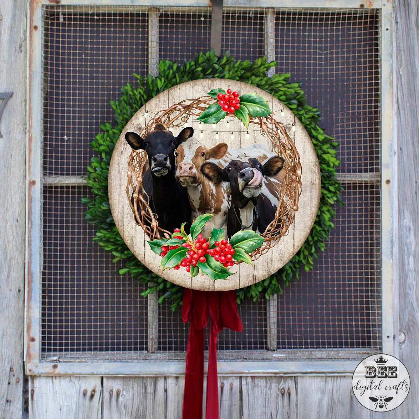 Christmas cow door hanger, 12 inch digital design