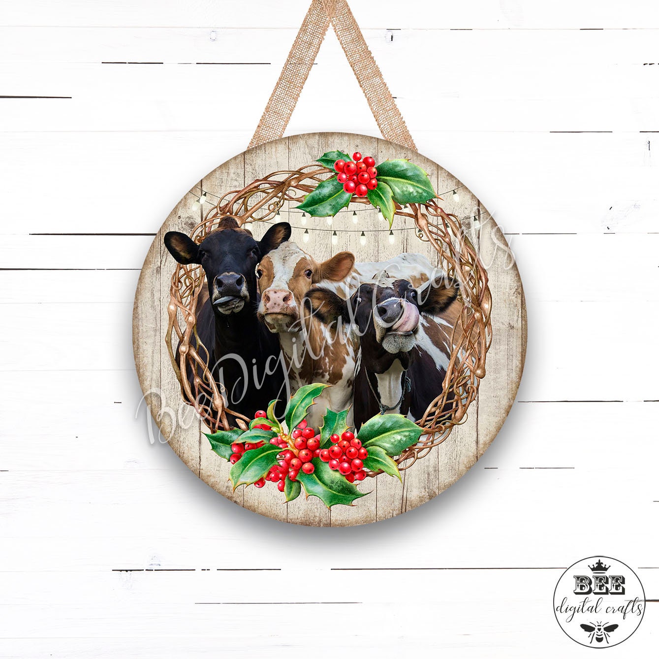 Christmas cow door hanger, 12 inch digital design