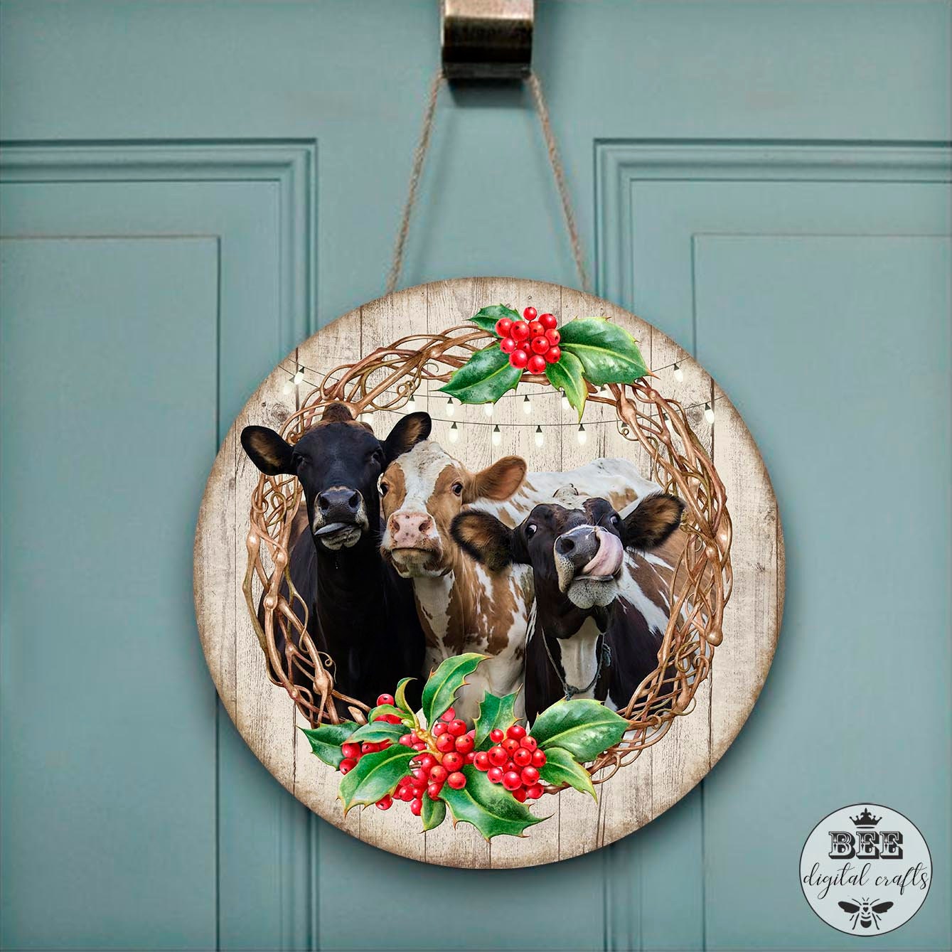 Christmas cow door hanger, 12 inch digital design