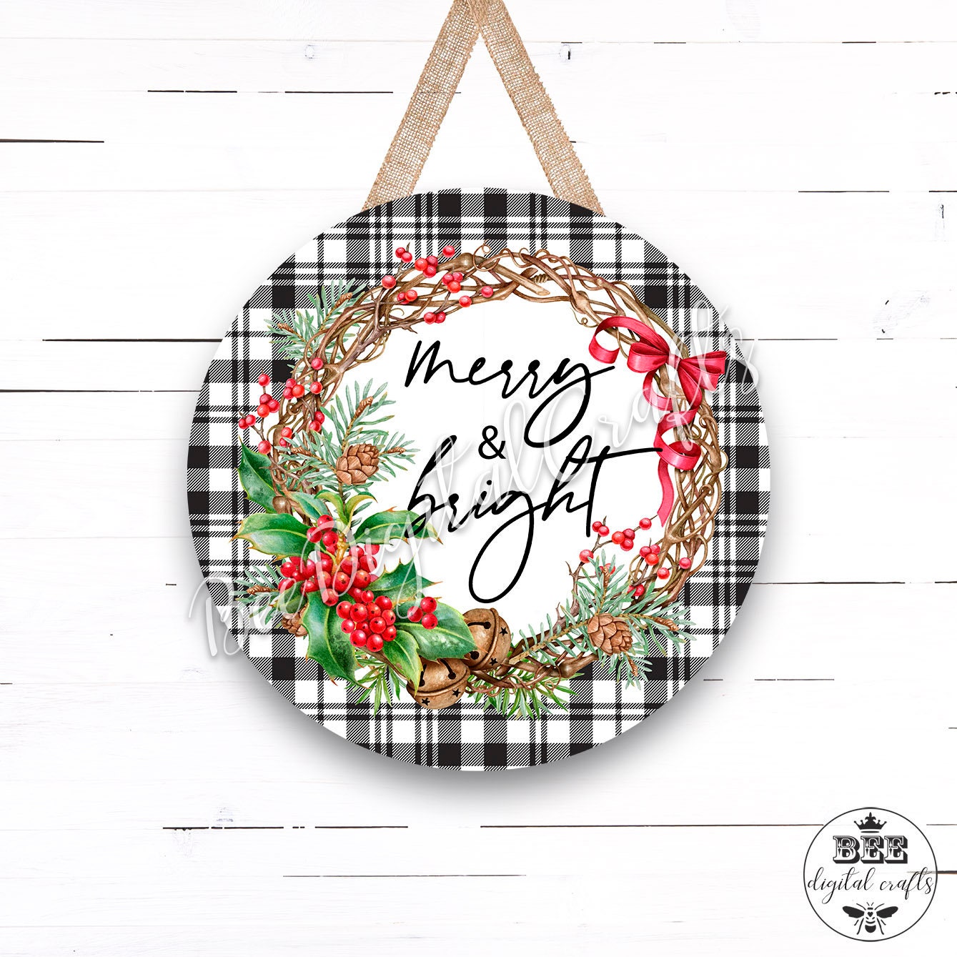 Merry and bright door hanger, 12 inch digital download