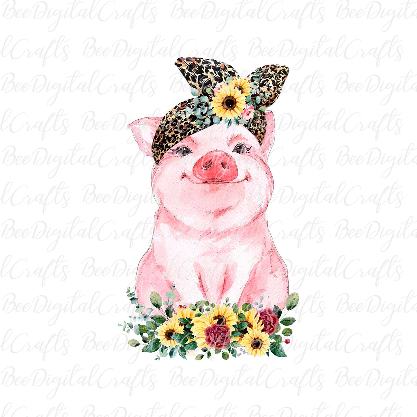 Pig with bandana and flowers sublimation design