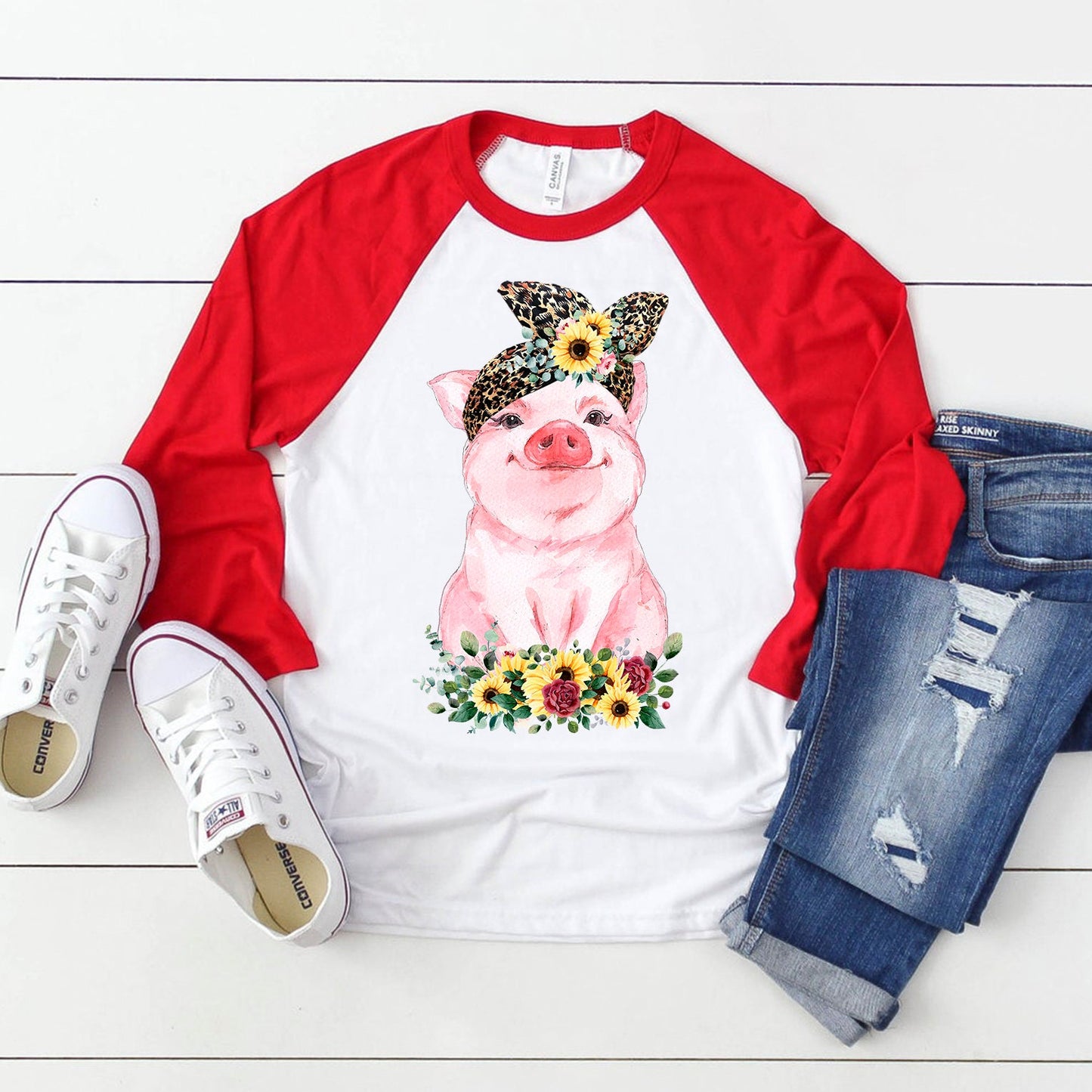 Pig with bandana and flowers sublimation design