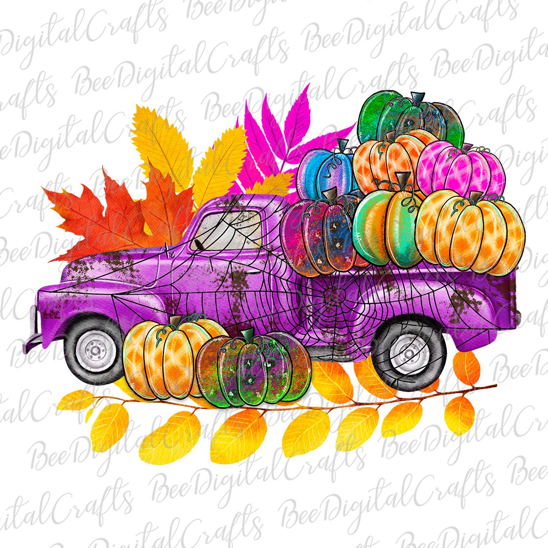 Watercolor pumpkin truck sublimation design