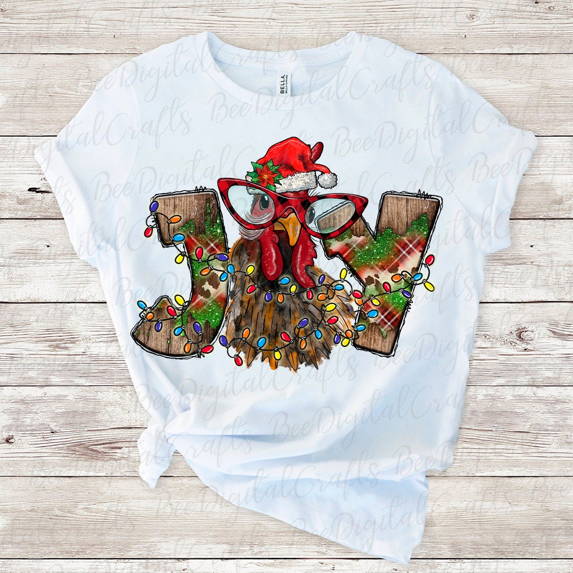 Joy chicken with glasses and Santa hat sublimation design