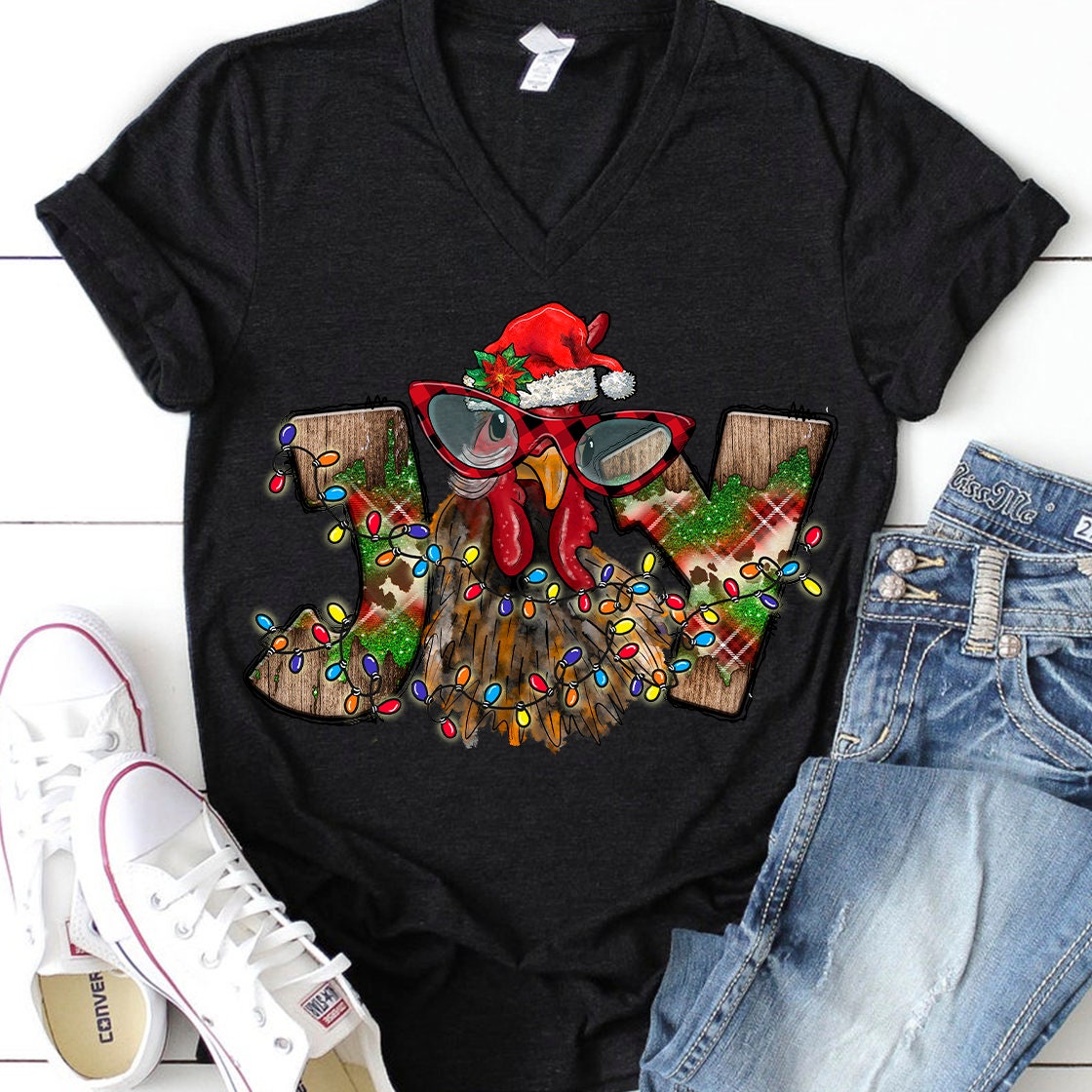 Joy chicken with glasses and Santa hat sublimation design