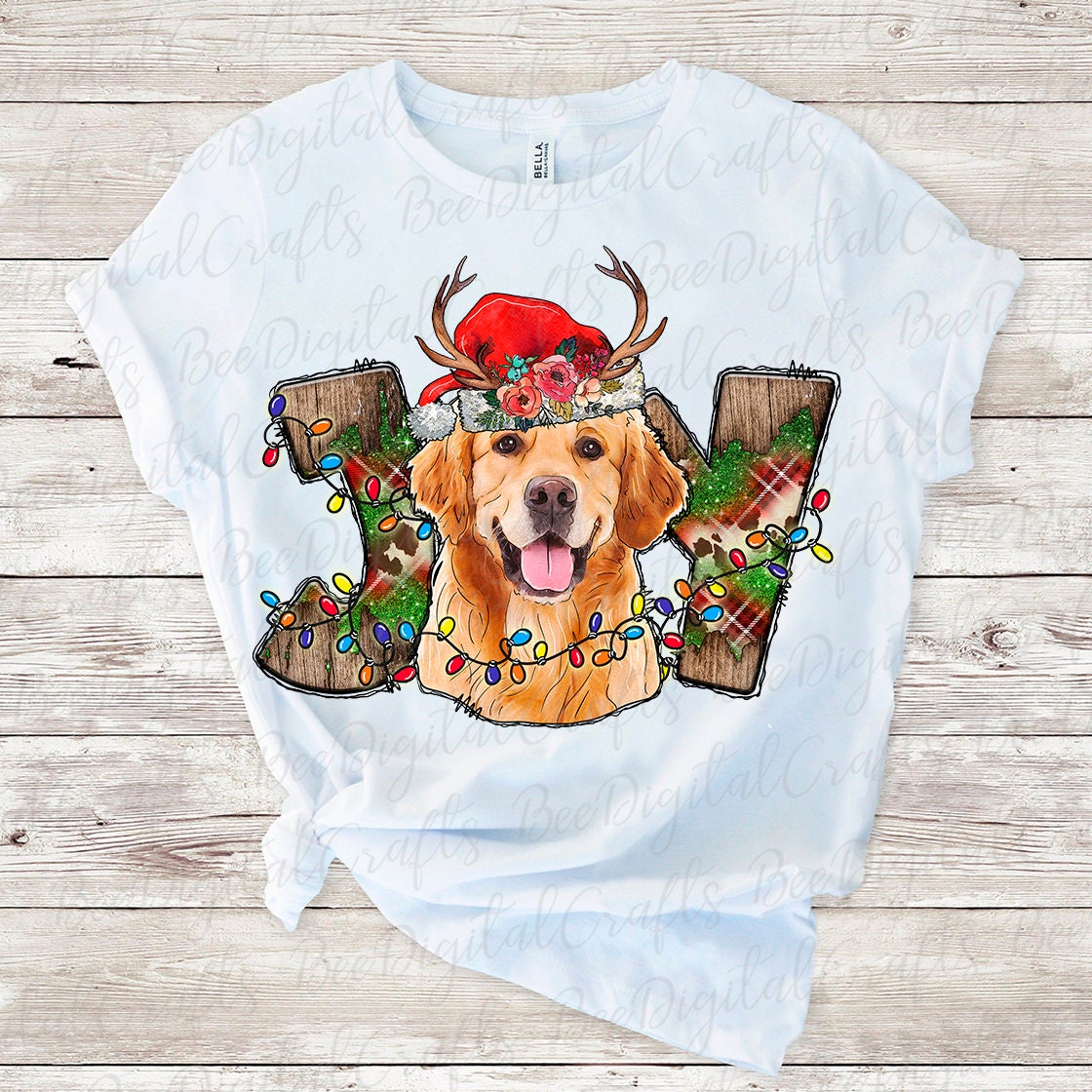 Christmas Joy golden retriever with Santa hat sublimation design