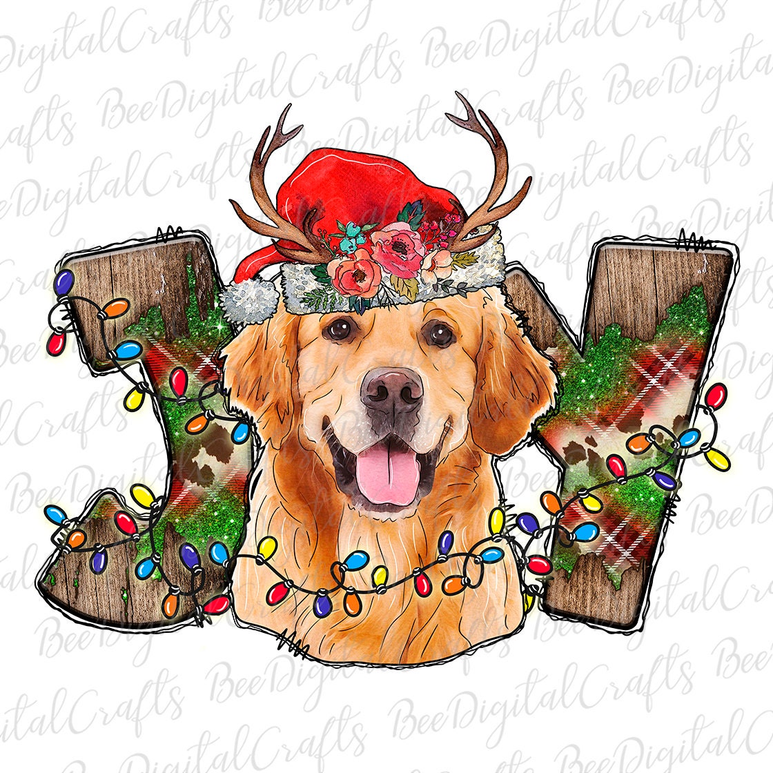 Christmas Joy golden retriever with Santa hat sublimation design