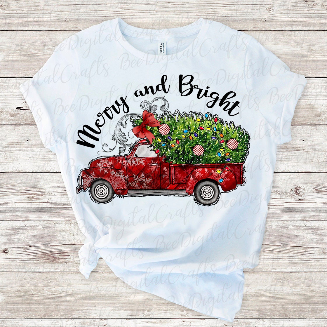 Merry and bright Christmas truck sublimation design