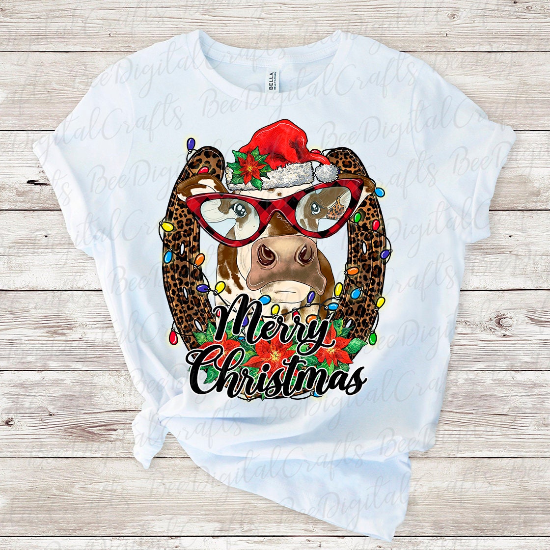 Merry Christmas cow with glasses sublimation design