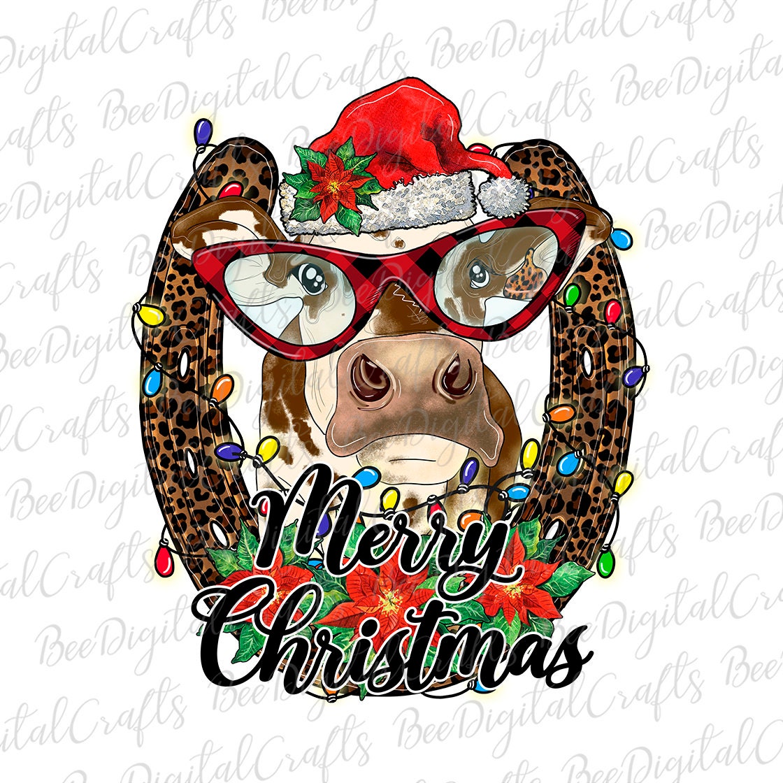 Merry Christmas cow with glasses sublimation design