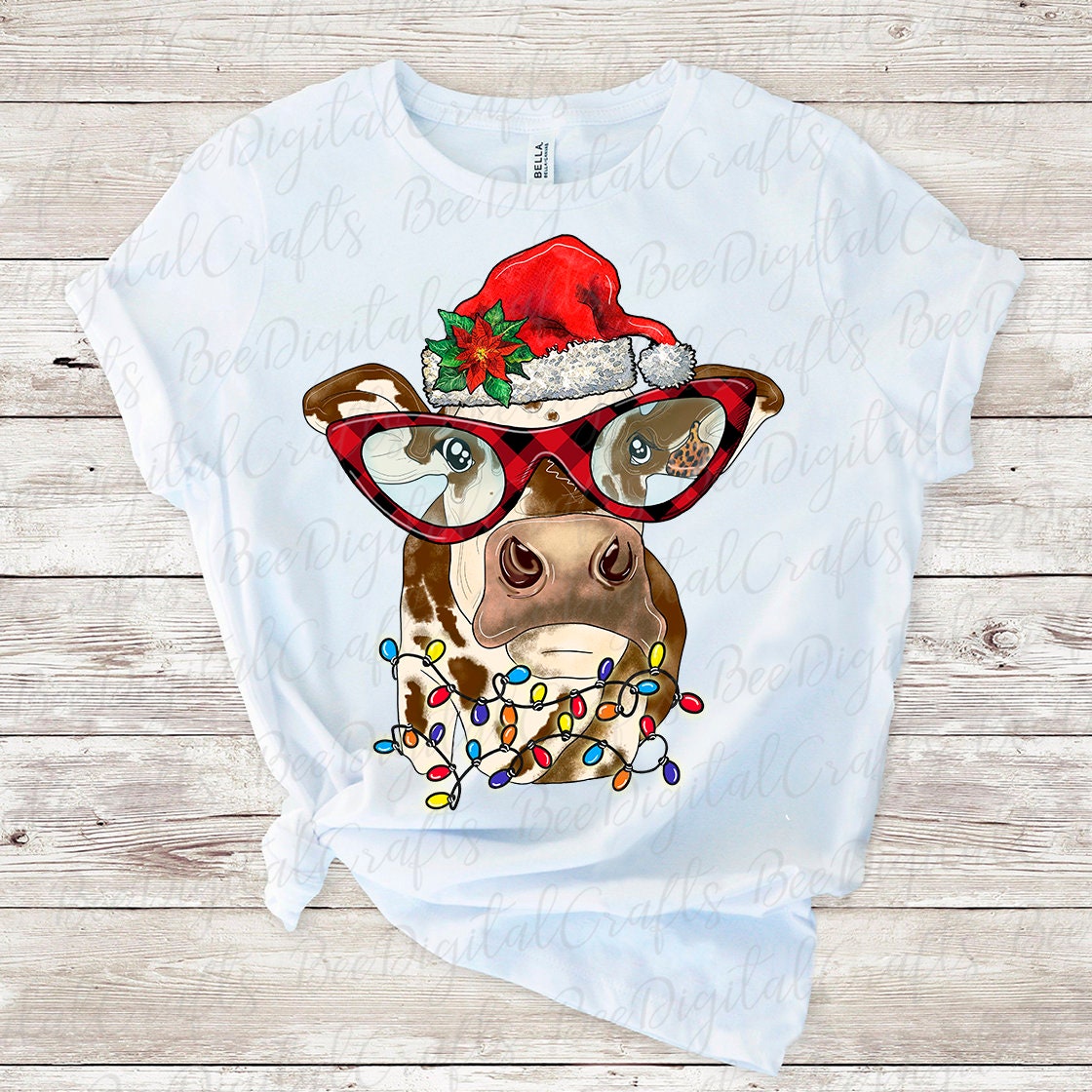 Christmas cow with glasses and Santa hat sublimation design