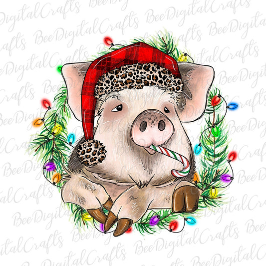 Christmas pig with candy cane and Santa hat sublimation design