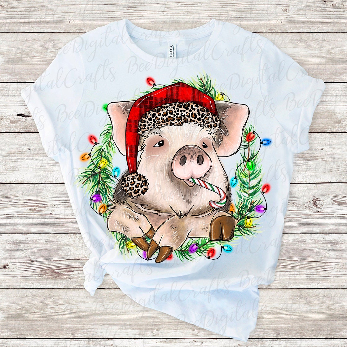 Christmas pig with candy cane and Santa hat sublimation design