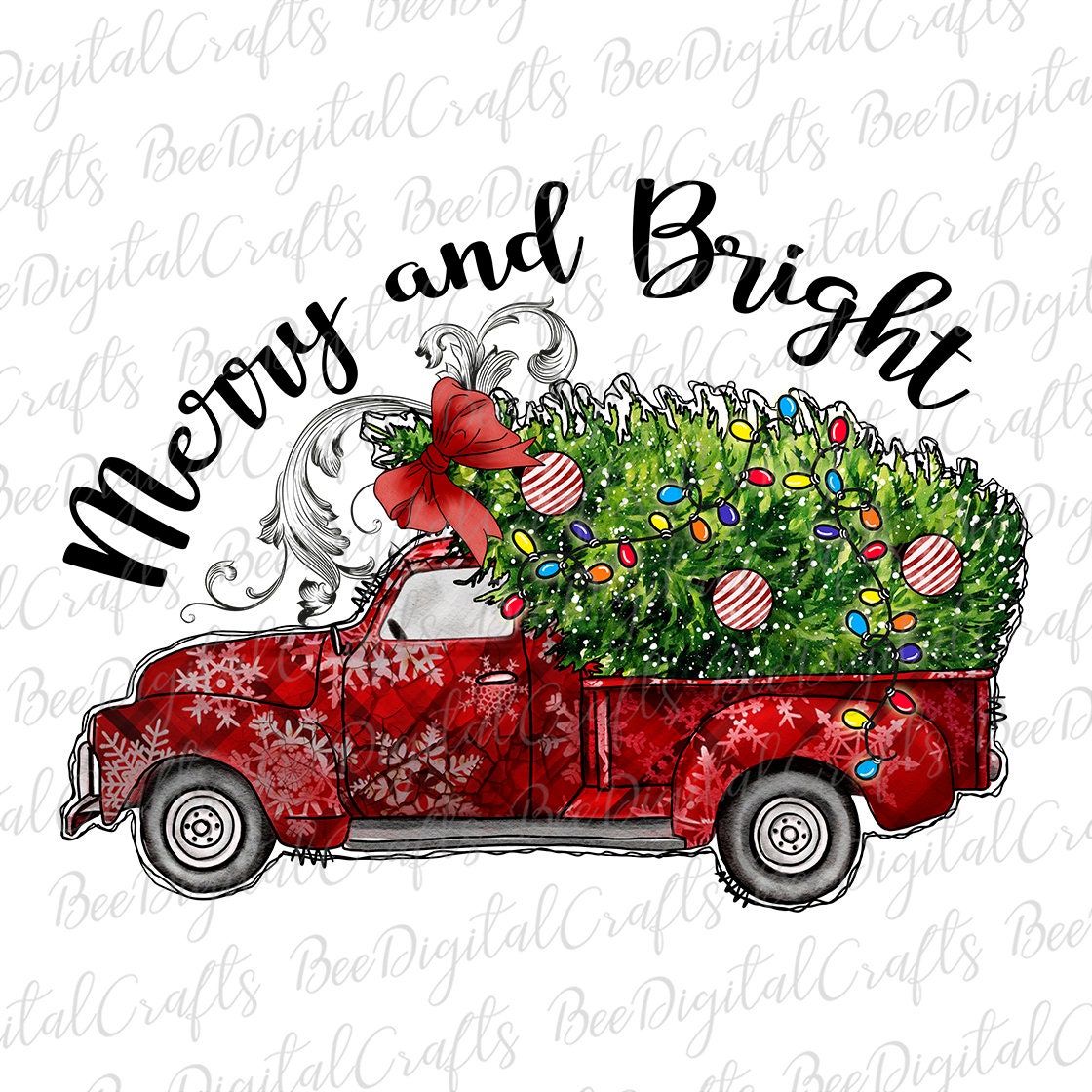 Merry and bright Christmas truck sublimation design