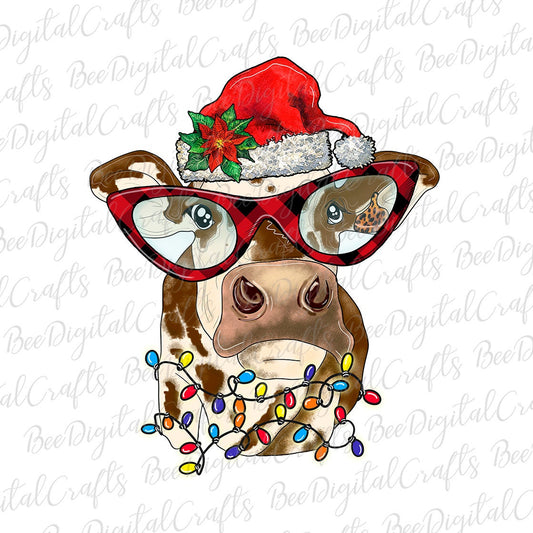 Christmas cow with glasses and Santa hat sublimation design