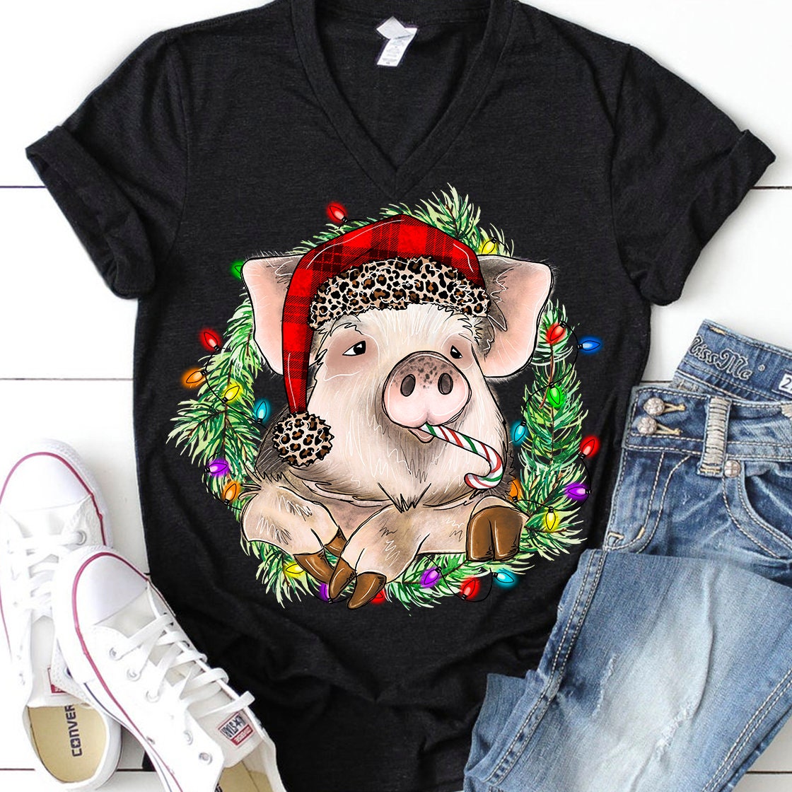 Christmas pig with candy cane and Santa hat sublimation design