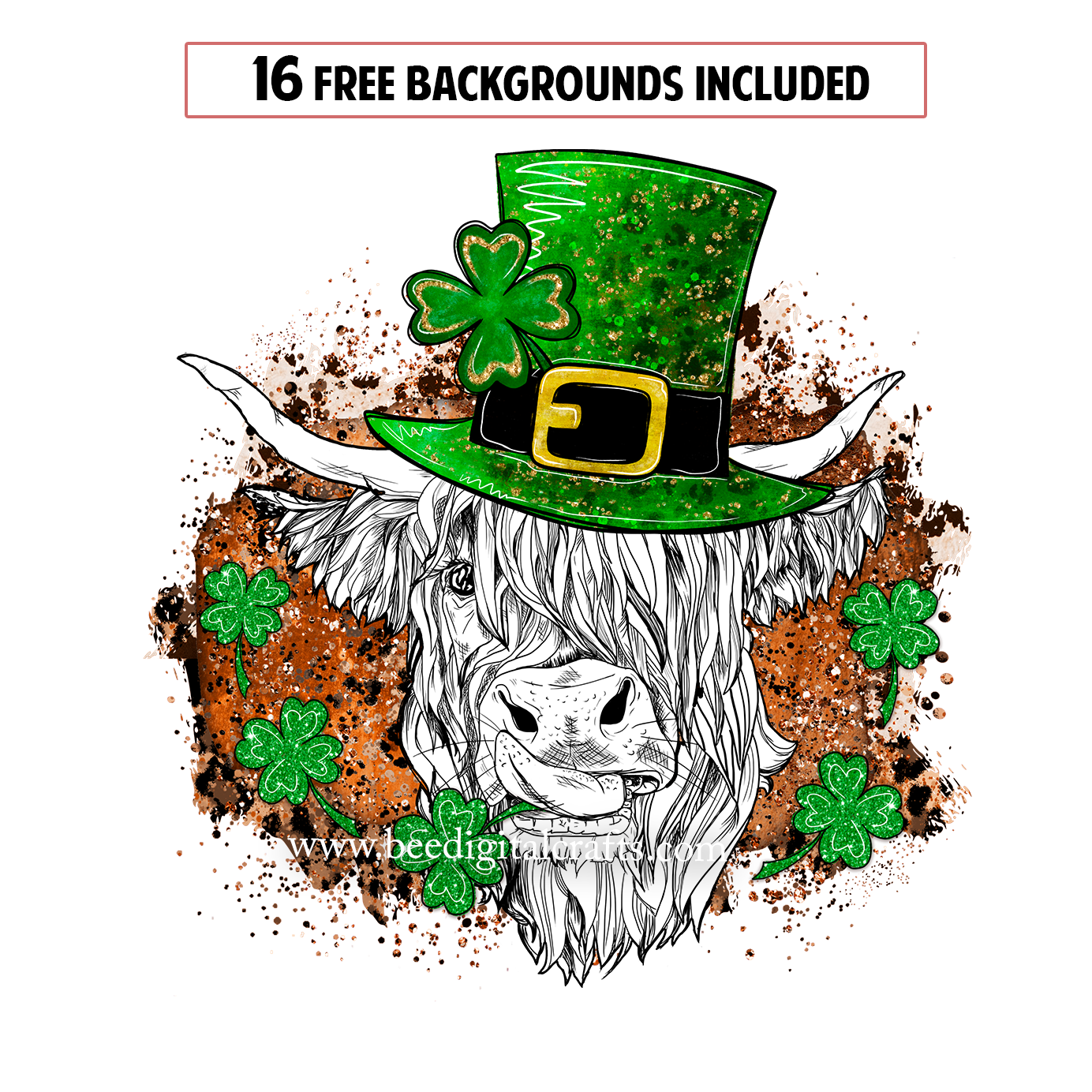 Highland cow with Patrick hat and clover sublimation design