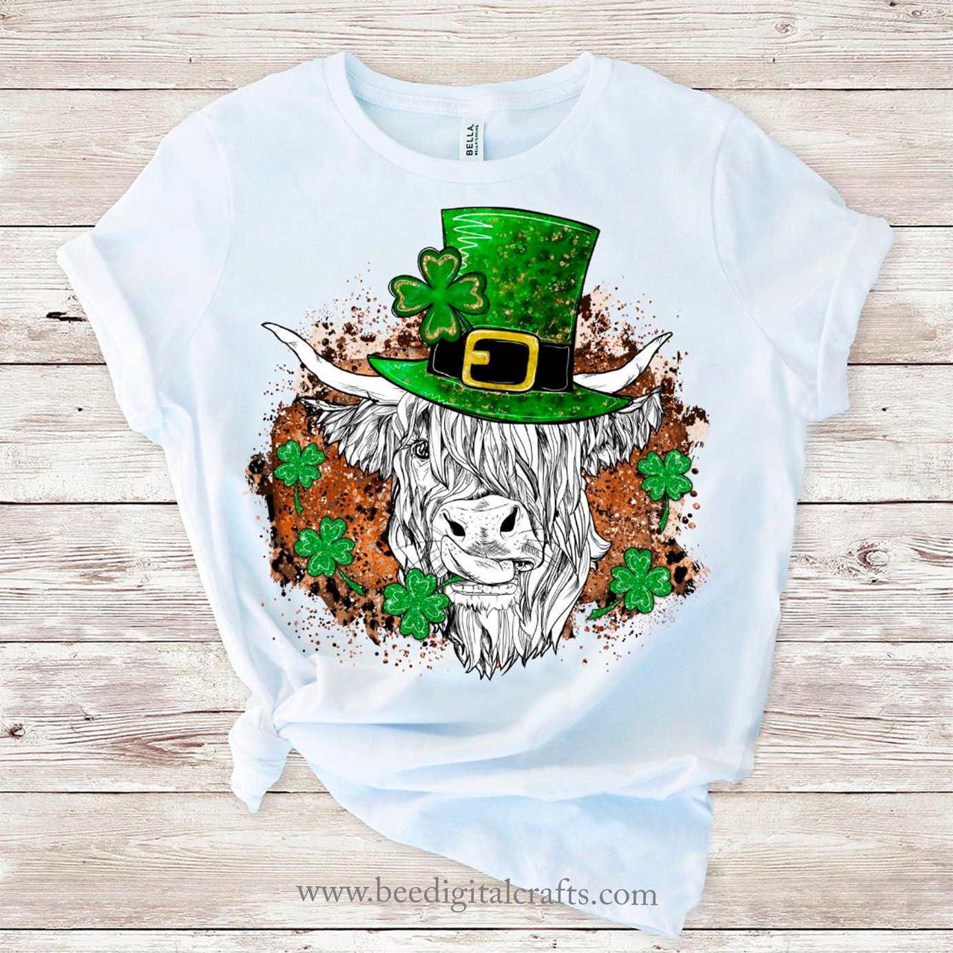 Highland cow with Patrick hat and clover sublimation design