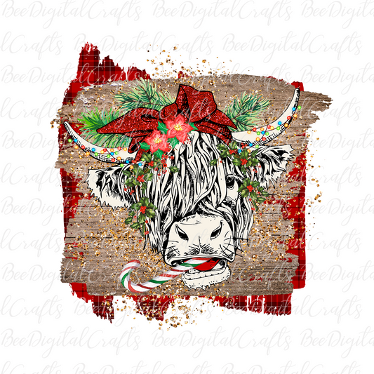 Christmas highland cow with candy cane sublimation design