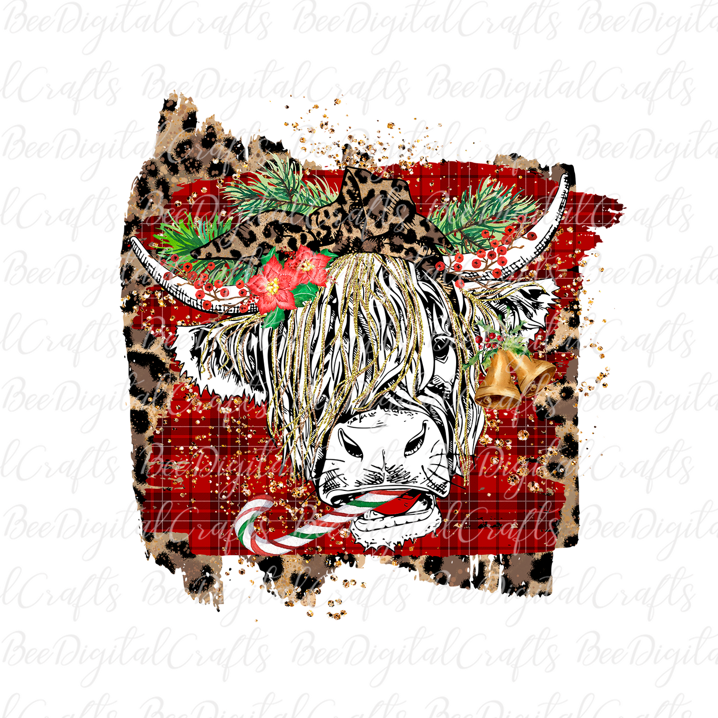 Christmas highland cow with candy cane sublimation design