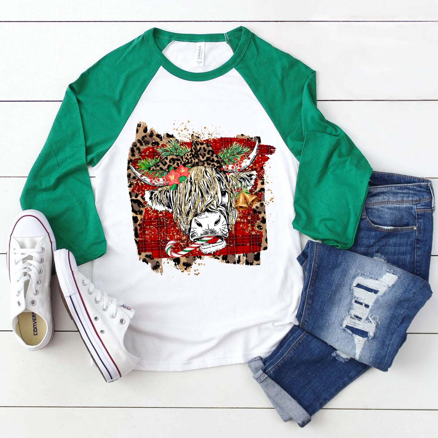 Christmas highland cow with candy cane sublimation design