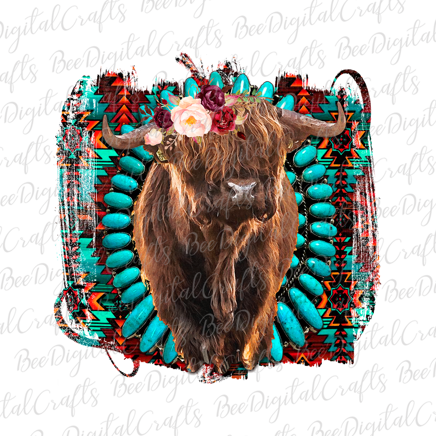 Highland cow with turquoise sublimation design