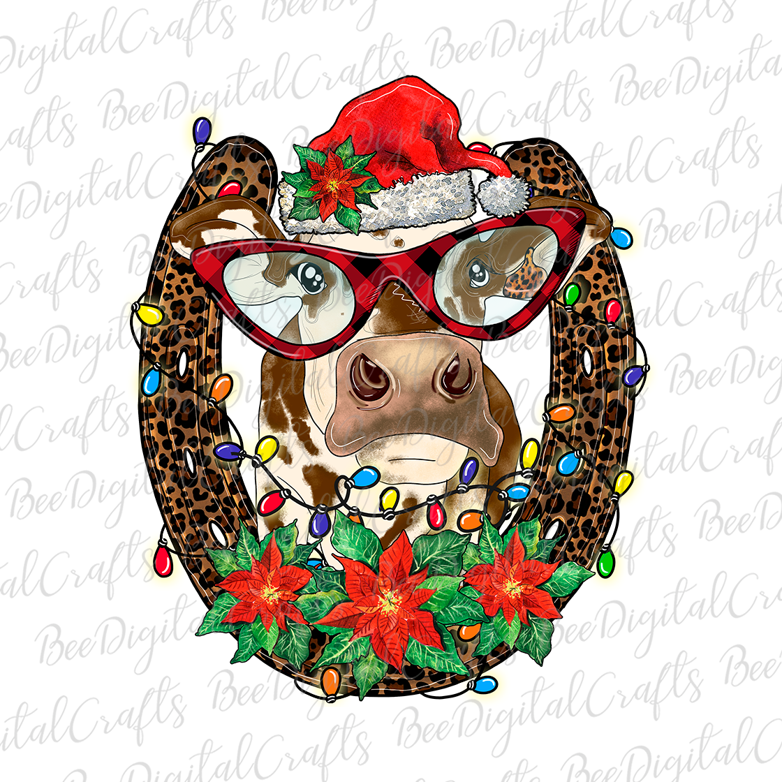 Christmas cow with glasses and hat sublimation design