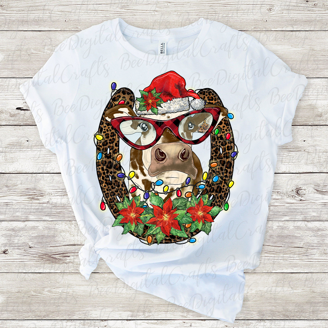 Christmas cow with glasses and hat sublimation design