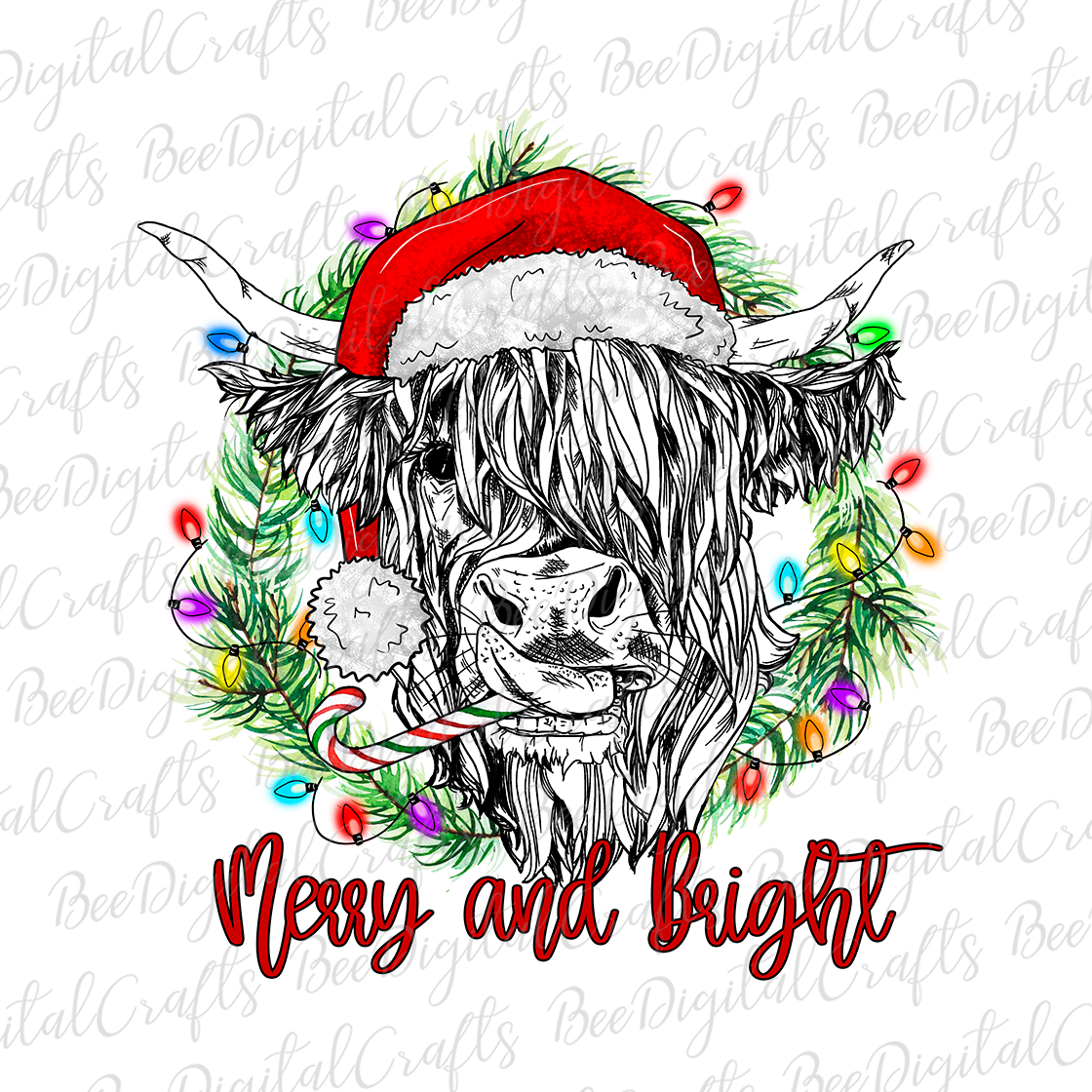 Christmas highland cow Merry and bright sublimation design