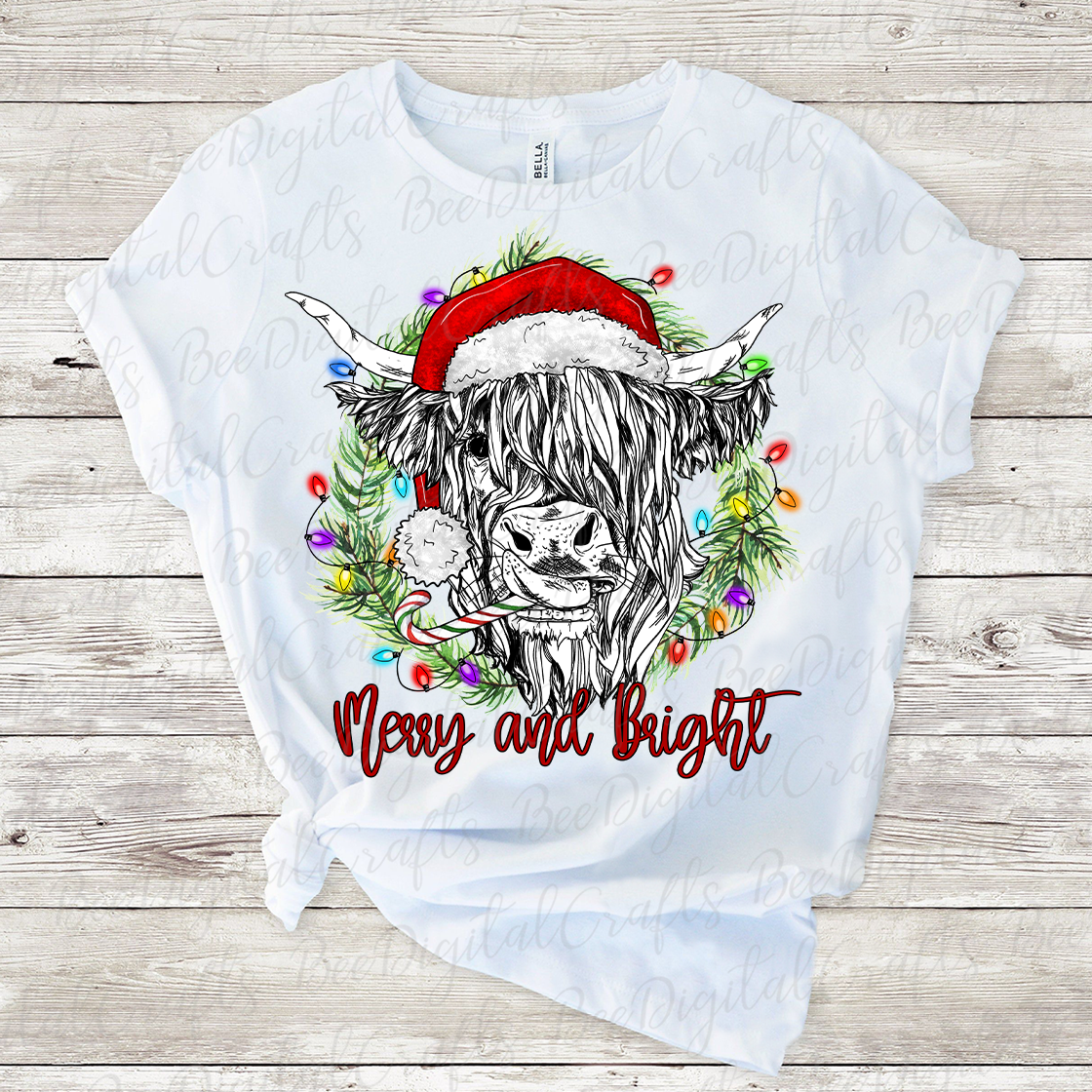 Christmas highland cow Merry and bright sublimation design