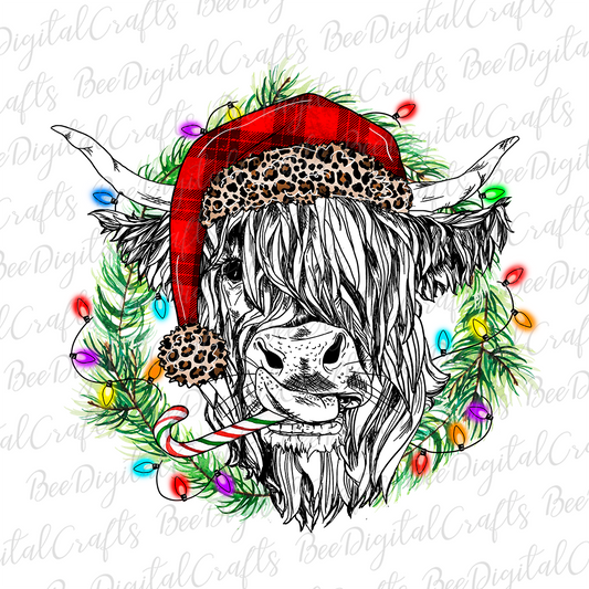 Christmas highland cow with candy cane sublimation design