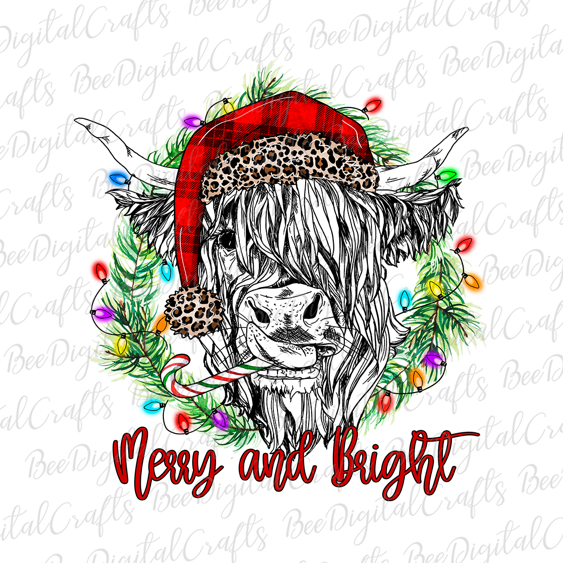 Christmas highland cow Merry and bright sublimation design