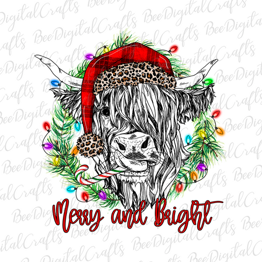 Christmas highland cow Merry and bright sublimation design