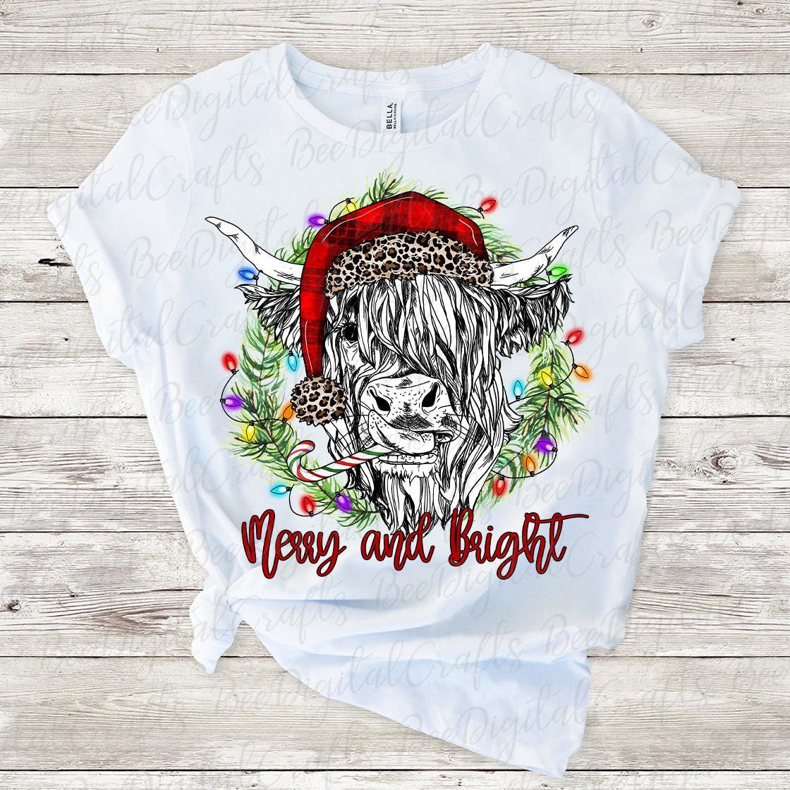 Christmas highland cow Merry and bright sublimation design