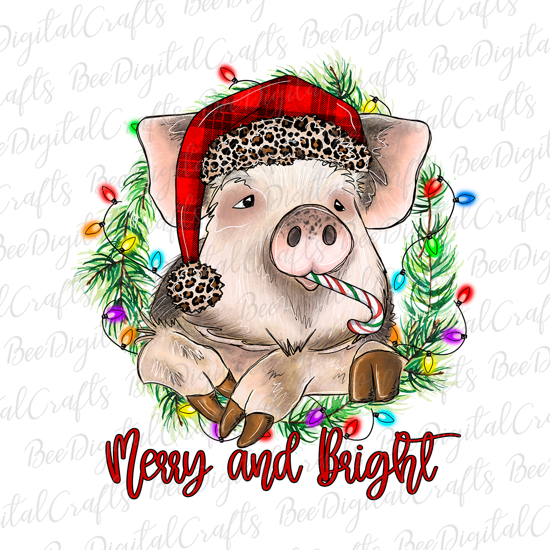 Christmas pig Merry and bright sublimation design