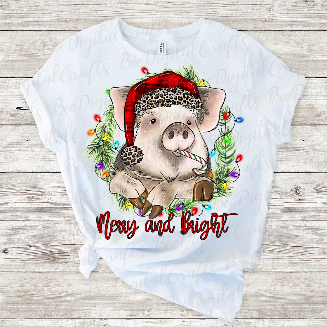 Christmas pig Merry and bright sublimation design