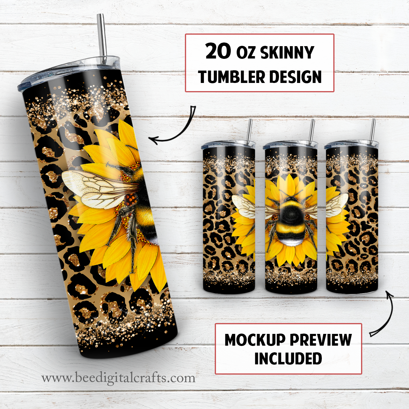 Bee and sunflower 20 oz skinny tumbler sublimation design