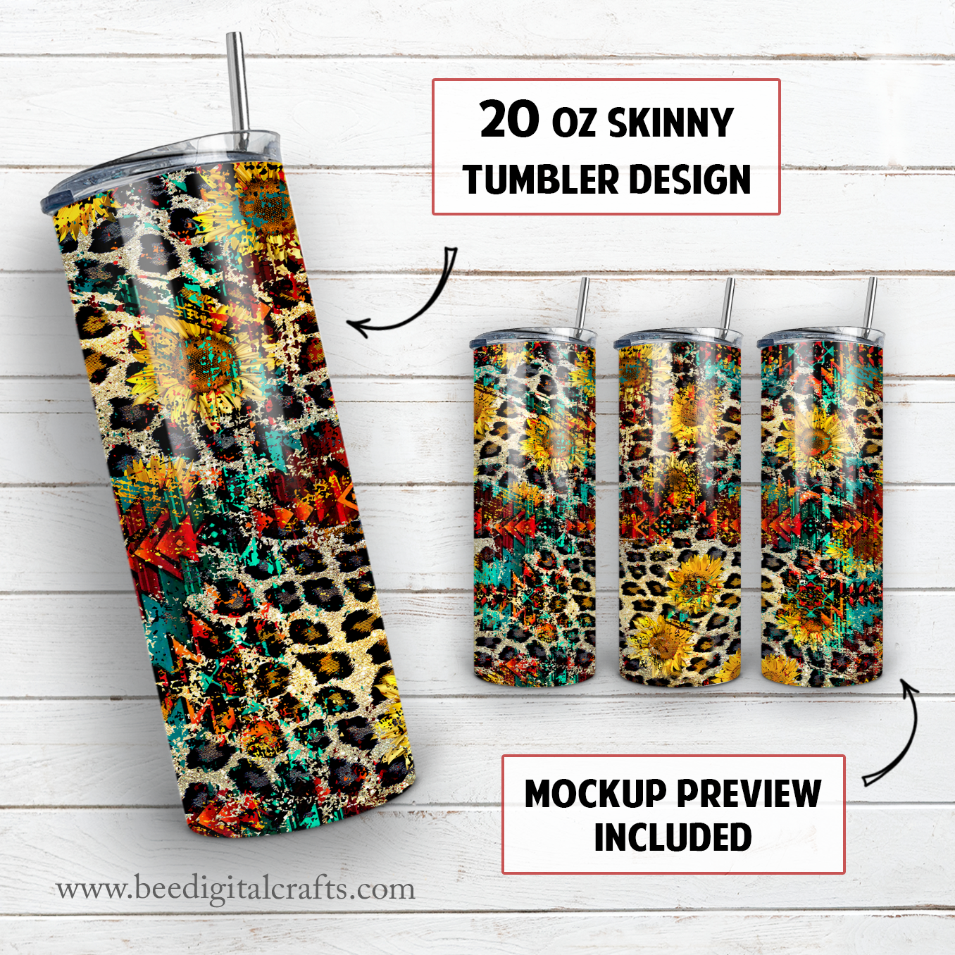 Sunflower leopard aztec 20 oz skinny tumbler sublimation design